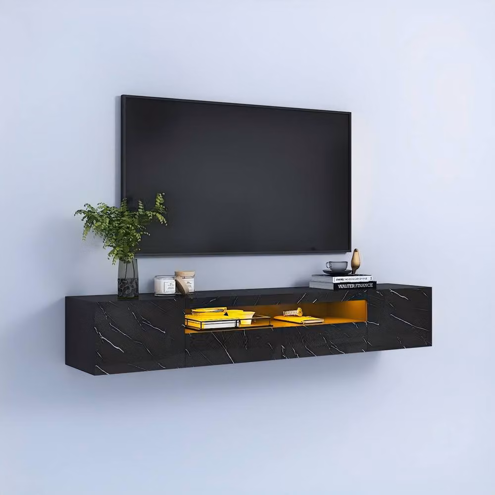 KEEPREAPER Sleek Floating TV Stand with LED Light and Storage, Black Marble Finish, for 55-80 inch TVs – 2