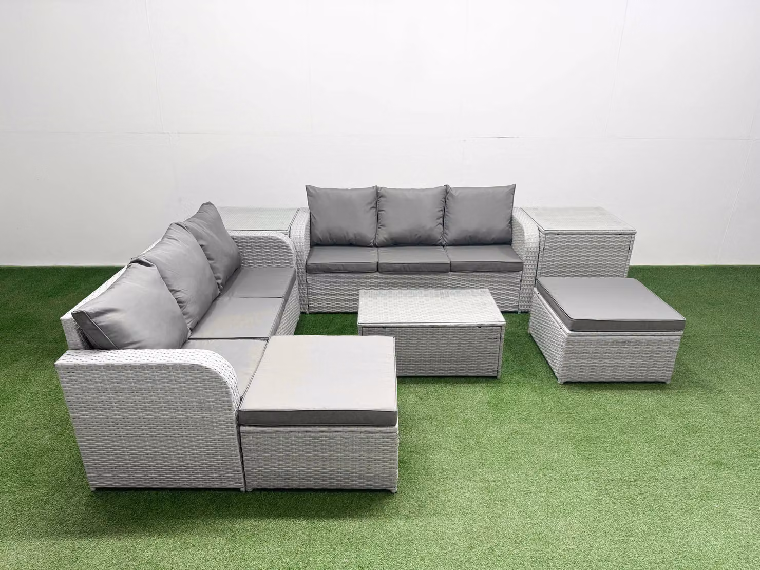 Fimous 8 Seater Grey Rattan Garden Furniture Set with High Back Lounge Sofa, Coffee Table and Ottomans – 2