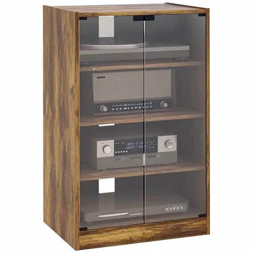 HOMCOM 4-Tier Hi-Fi Record Player Stand with Glass Doors and Internal Shelves, Rustic Brown