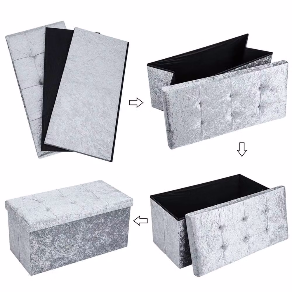 EONLION Grey Velvet Foldable Double Bed with Storage Box for 2 Adults, W/D/H: 150 x 76 x 38 cm – 2