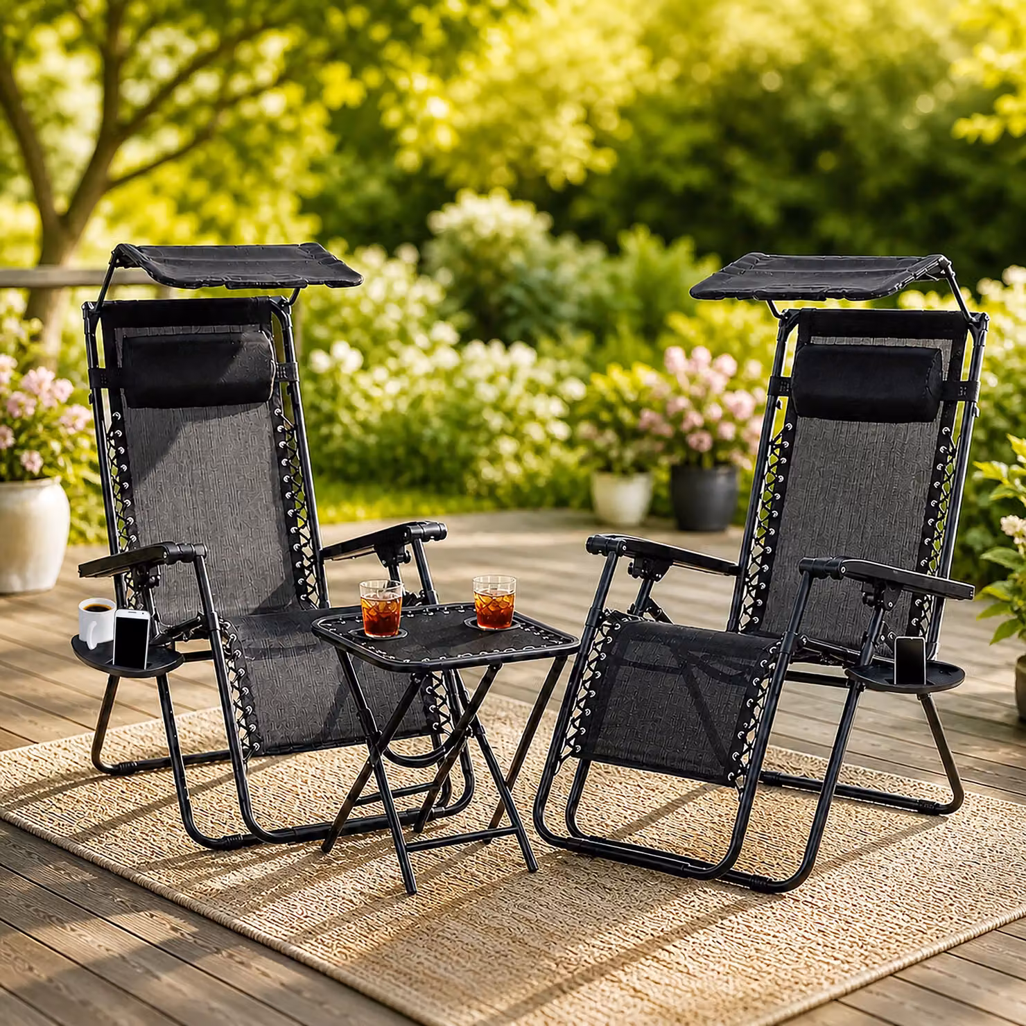 Marco Paul 3 Piece Zero Gravity Sun Lounger Set with Canopy Shade and Side Table in Black – 4