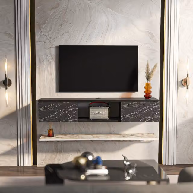 Decorotika Elia Floating TV Unit with Accent Shelf in White and Black Marble Effect