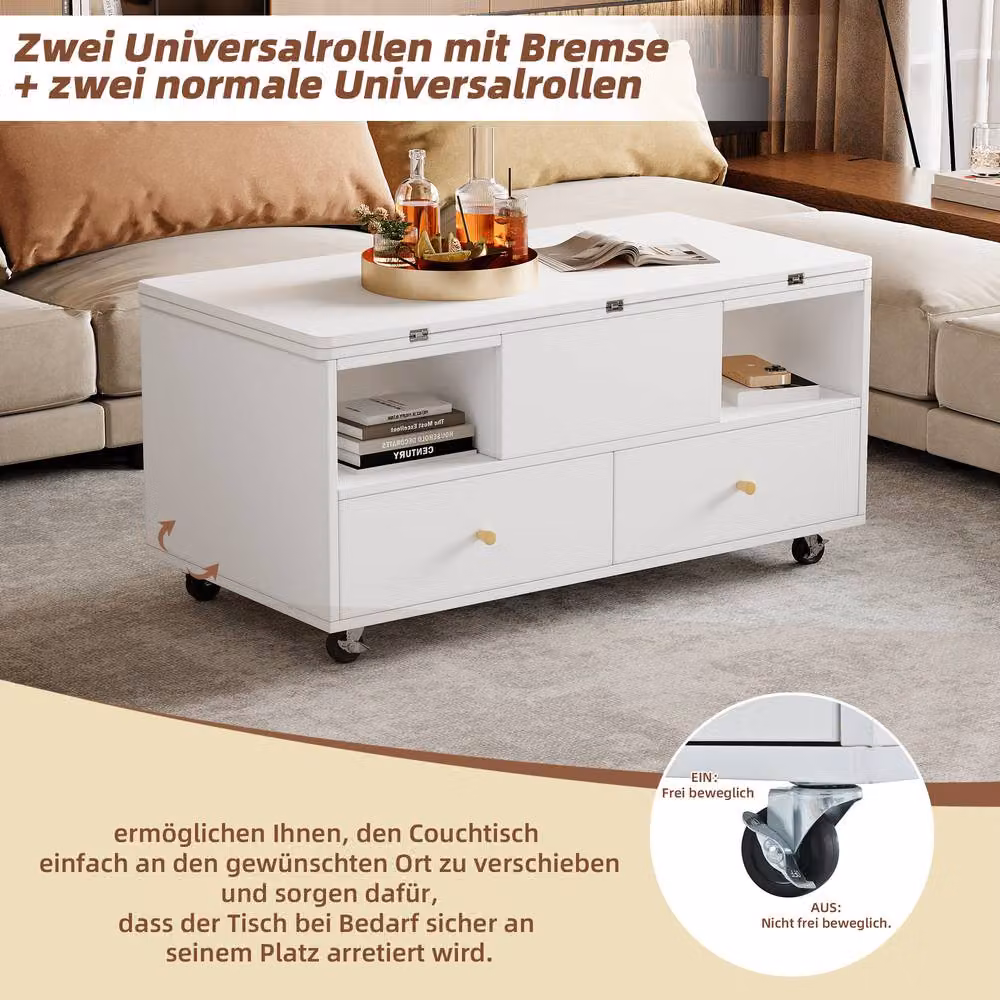 Merax Extendable Lift Top Coffee Table with 4 Drawers and Castors, White – 5