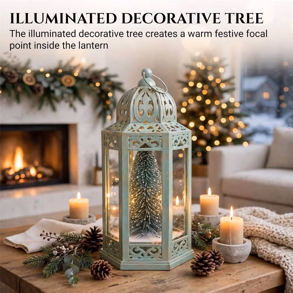 Shatchi Green Vintage Hexagonal LED Christmas Tabletop Lantern, Height: 30 cm – 2