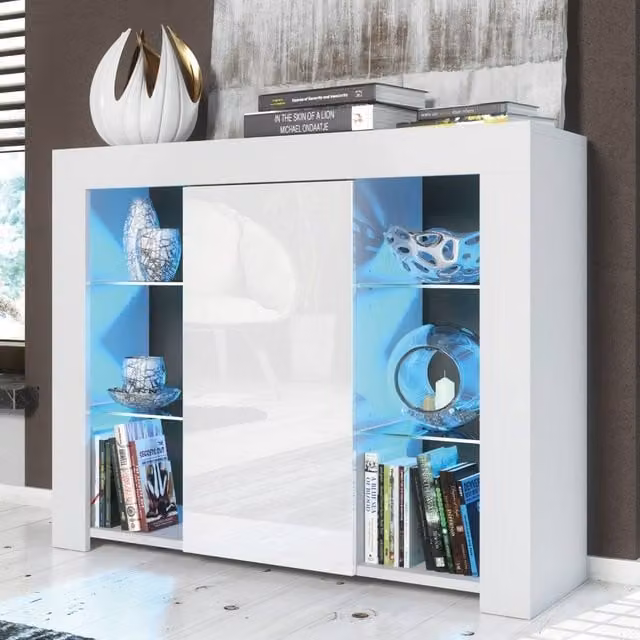 Mex Furniture LTD Harbor Sideboard in White with Glossy Doors and Warm White LED Lighting, W: 97 cm, H: 83 cm, D: 35 cm – 1