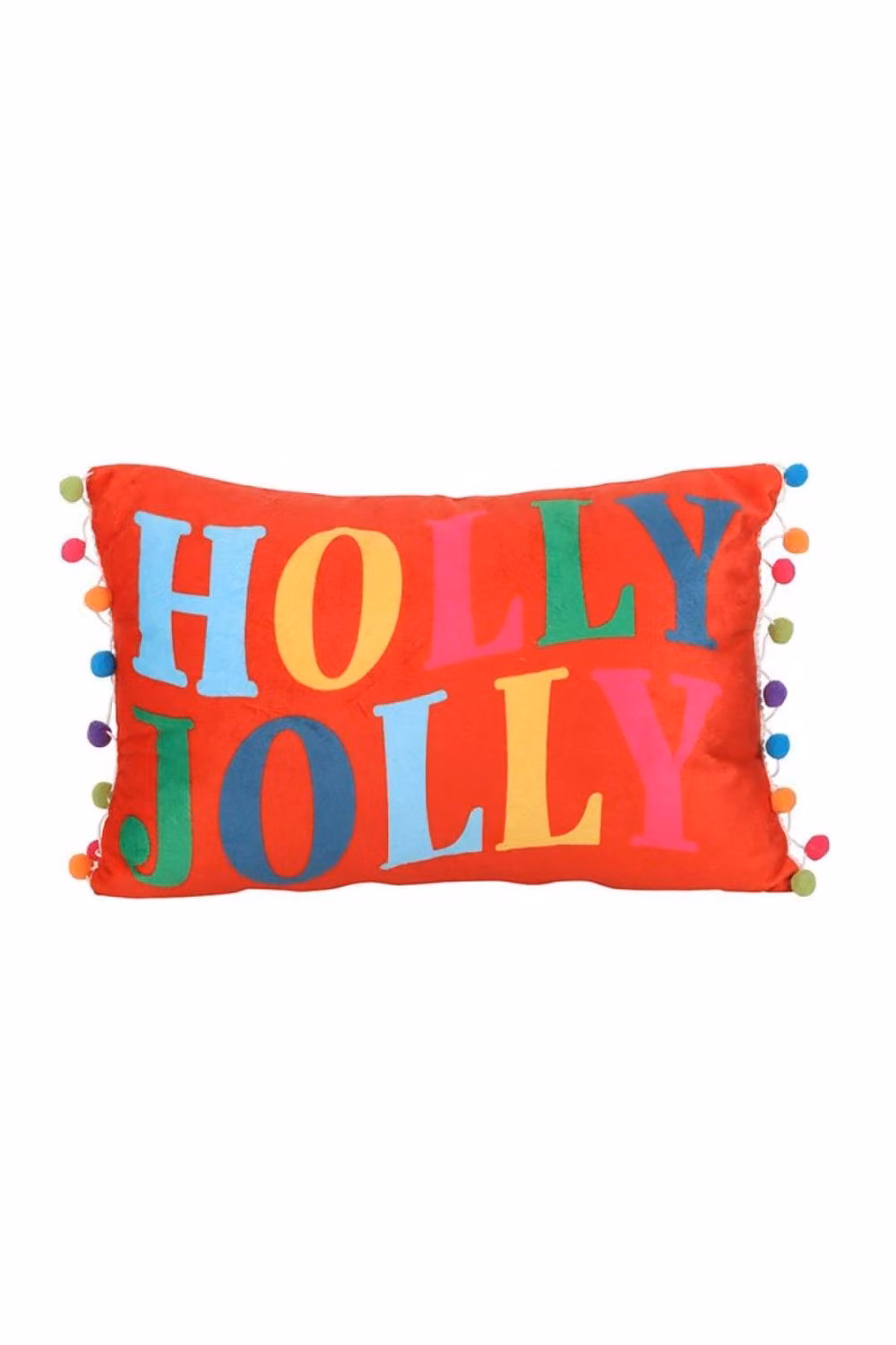 KDMD Red Holly Jolly Christmas Cushion with Pom Poms in Polyester – 2