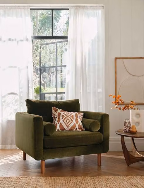 Barker and Stonehouse Moore Mid-Century Green Velvet and Chenille Snuggle Chair with Armrests