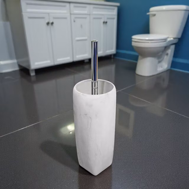 Showerdrape Octavia Freestanding Toilet Brush and Holder in White Marble and Chrome with Grey Resin and Metal Details – 1