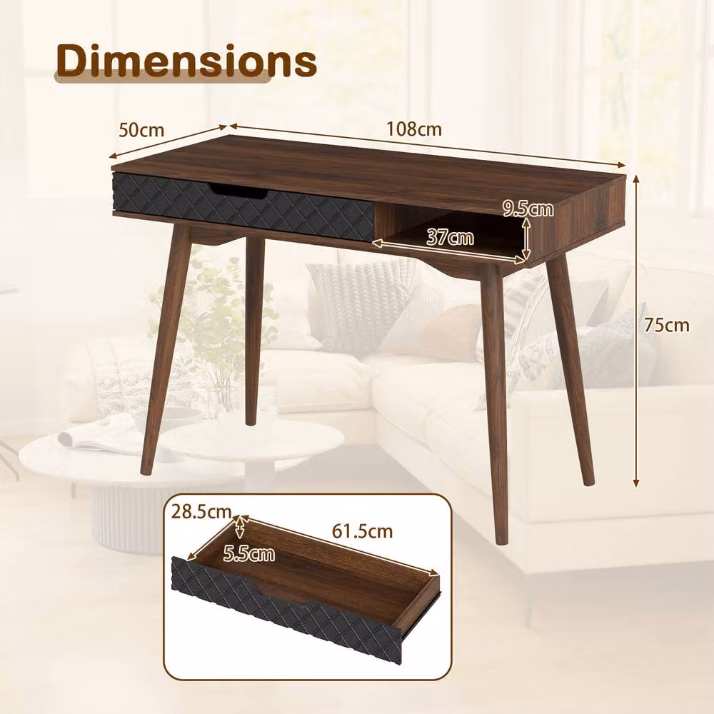 Gymax Mid-Century Writing Desk in Brown with Rubberwood and Metal Construction – 3