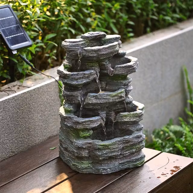 Livingandhome Solar LED Tabletop Cascade Water Feature with Rustic Stone Effect in Grey and Green