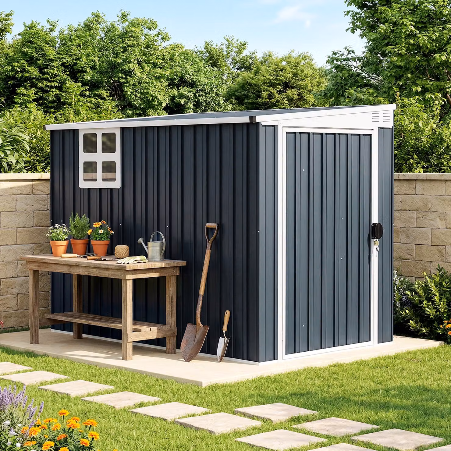 Outsunny Metal Garden Storage Shed with Window and Lockable Door, Dark Grey, W/D/H: 231.9 x 121.9 x 182.9 cm – 8
