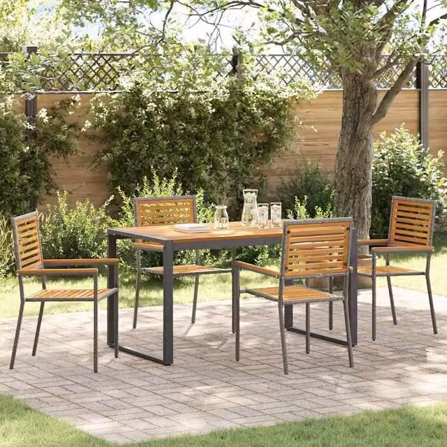 Berkfield Home 5 Piece Grey Poly Rattan and Acacia Wood Garden Dining Set – 1