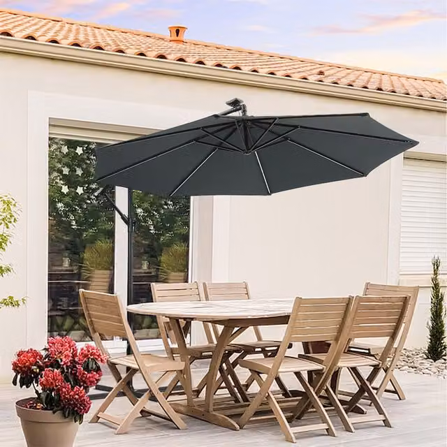 Livingandhome Garden Cantilever Parasol with Cross Base and Lights in Anthracite Grey