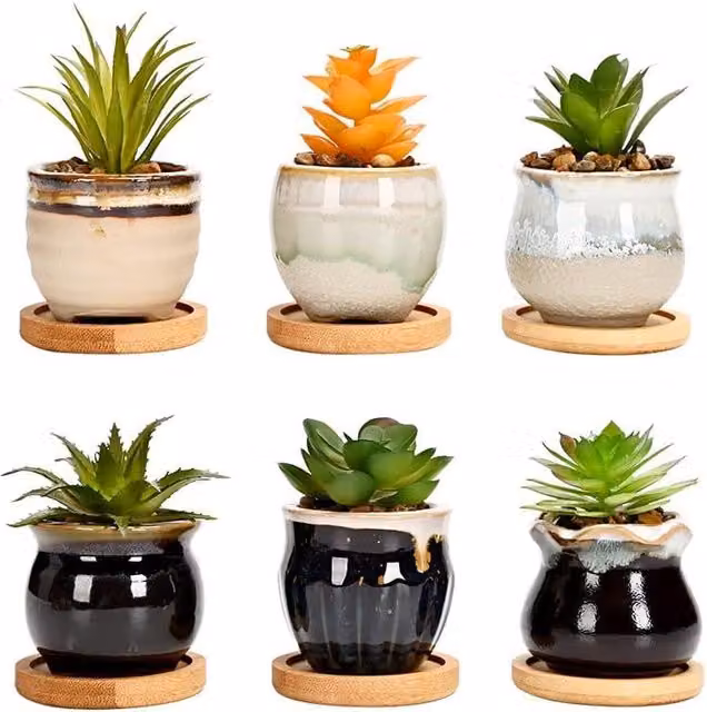 Simpa 6-Piece Mixed Shape Pattern Ceramic Plant Pots with Bamboo Bases in Multicolour – 1