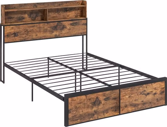 HOMCOM Industrial Double Bed Frame with Metal Side Compartments and Bedside Shelf in Brown, 140 x 200 cm – 1