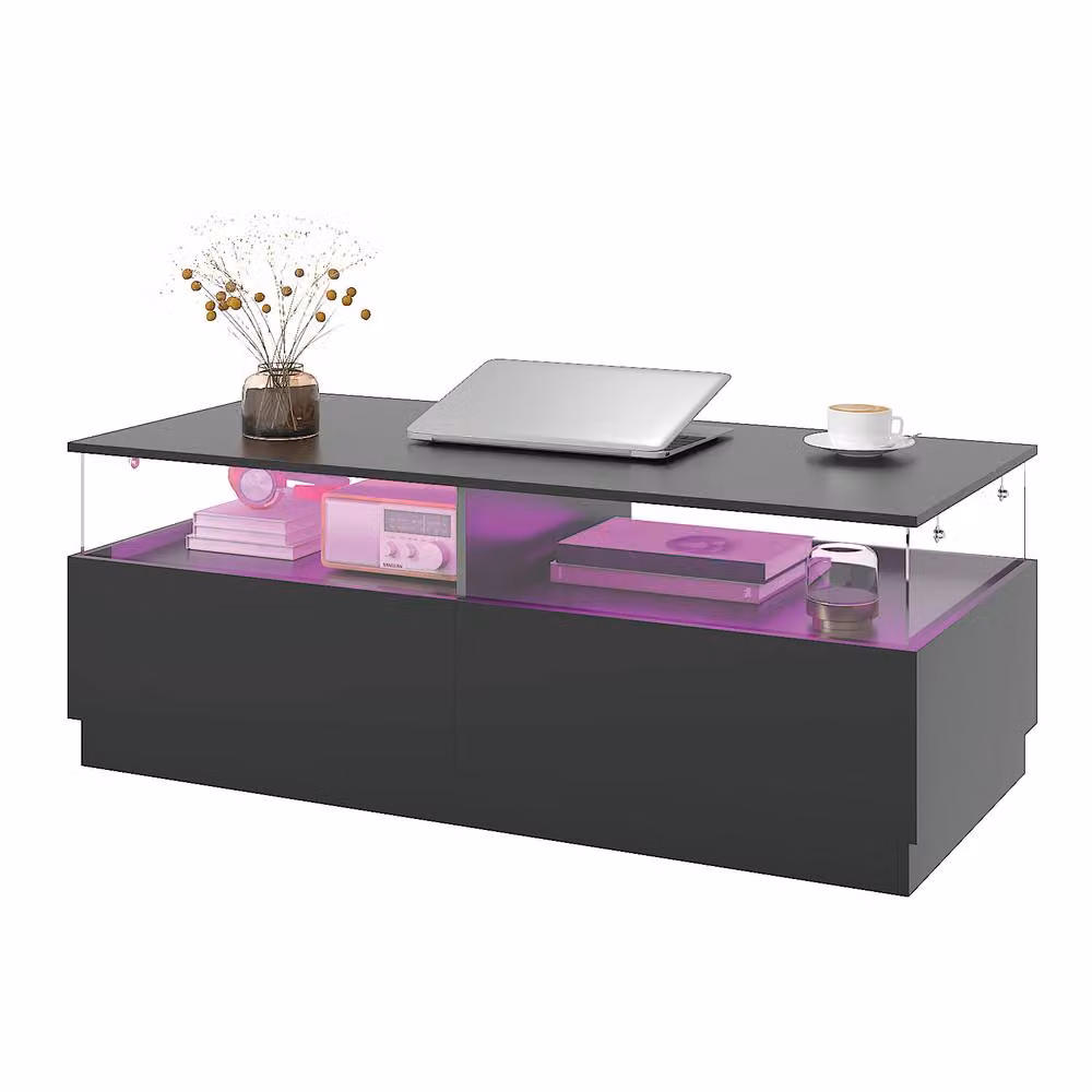 KEEPREAPER Modern Rectangular Coffee Table with LED Light and 2 Drawers in Black – 2