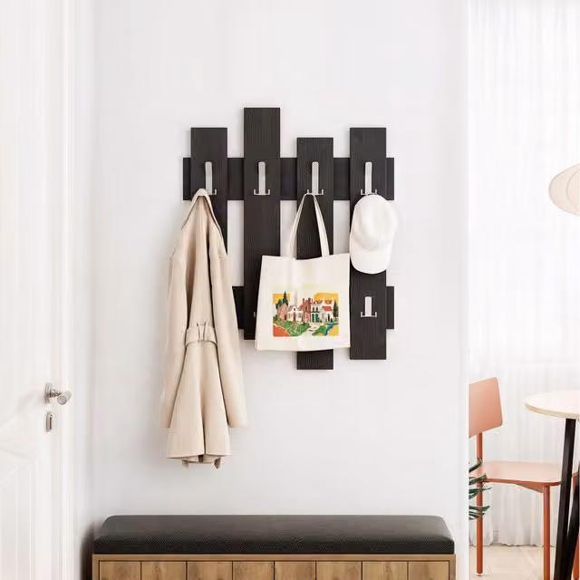 Decortie Wave Modern Wall-Mounted Coat Rack with 8 Hooks, Black, W: 69 cm, H: 81 cm