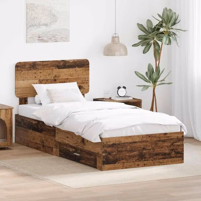 Berkfield Home Bed Frame with Headboard in Old Wood Brown, W/D/H: 90 x 200 cm