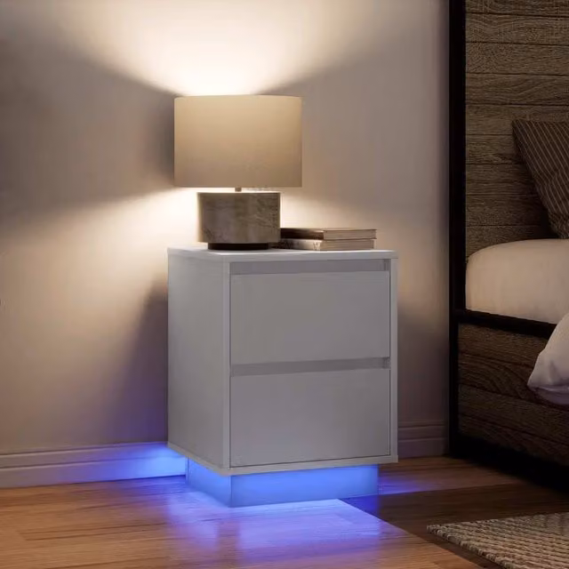 Berkfield Home Set of 2 White Bedside Cabinets with Integrated LED Lights, W/D/H: 38 x 34 x 50 cm