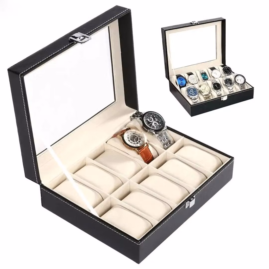 VOGREX 10 Grid PU Leather Watch Display Case in Black, W/D/H: 20.0 x 11.0 x 8.0 cm – 4