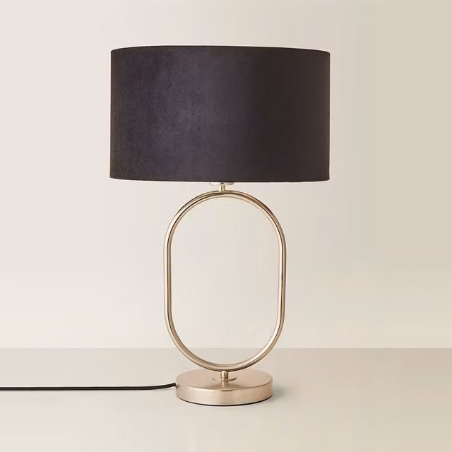 Antonia Brushed Chrome Oval Table Lamp with Black Velvet Drum Shade