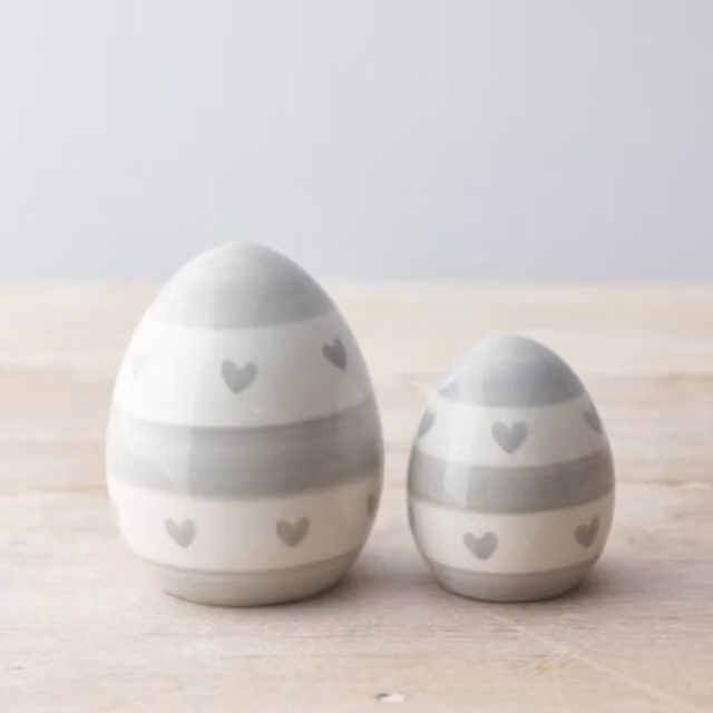 Little Cosy Home Set of 2 Striped Ceramic Egg Ornaments in Grey and White for Easter and Spring Tabletop Decor