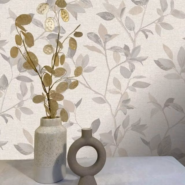 Havendro Silver Birch Metallic Botanical Floral Wallpaper in Beige