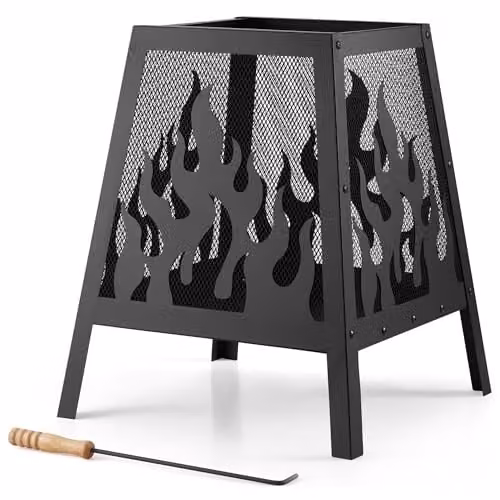 VonHaus Black Steel Fire Pit Bowl with Mesh Guard and Poker
