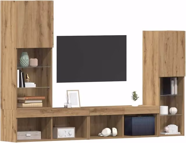 Berkfield Home Artisan Oak TV Cabinet with LED Lights in Brown, W/D/H: 40.5 x 30 x 102 cm