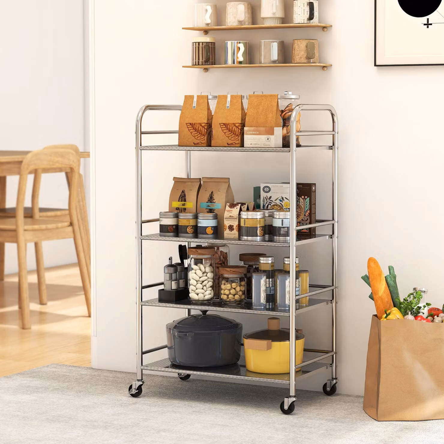 HOMCOM 4 Tier Stainless Steel Kitchen Storage Trolley with Adjustable Shelves, Silver – 2