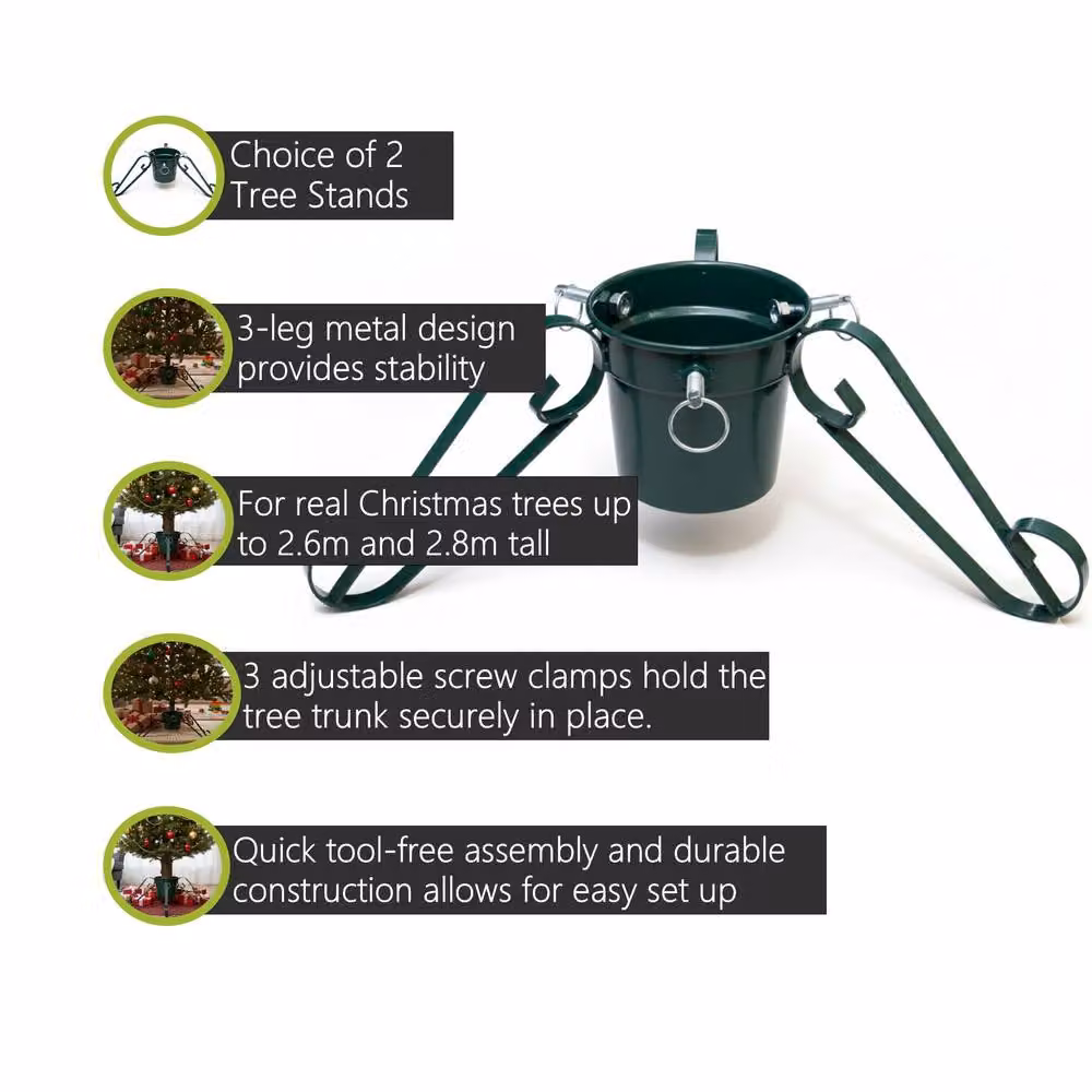 Pegdev Traditional Green Metal Christmas Tree Stand with 3 Legs and 3 Screw Clamps for Trees up to 2.8m – 2