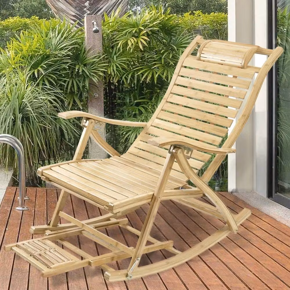 FLAVORA Bamboo Sunlounger Recliner with Adjustable Headrest in Sand Beige – 3