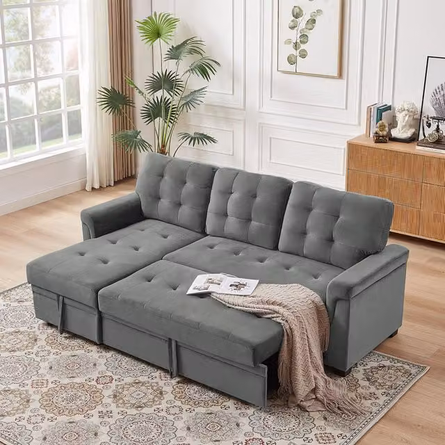 FURNITURE ONE L-shaped Corner Sofa Bed with Reversible Storage in Grey Velvet Fabric
