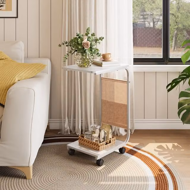 Livingandhome C-Shaped Side Table with Storage Pocket in White