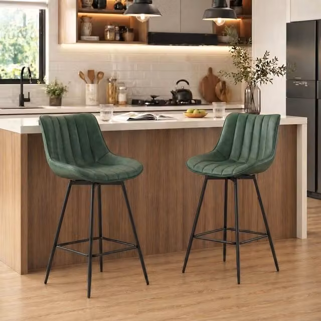 HOMCOM Set of 2 Modern PU Leather Swivel Bar Stools in Green
