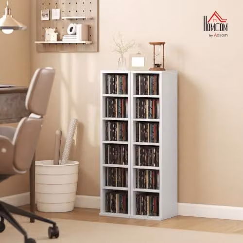 HOMCOM Set of 2 White MDF CD and DVD Storage Units with Adjustable Shelves and Media Compartments – 2