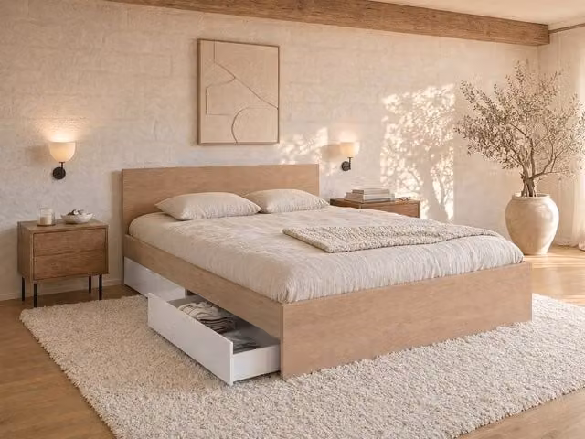 Vente-unique Double Bed with 2 Drawers in White, W/D/H: 160 x 200 x 69 cm