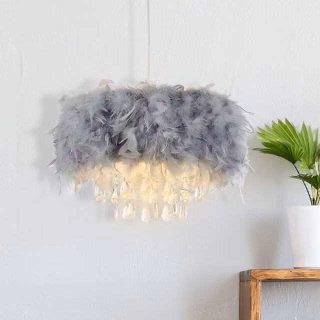 Lighting Collection Feather Pendant Shade with Acrylic Drops in Grey – 1