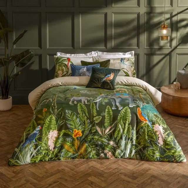 Paoletti Odisha Reversible Ethnic Floral and Animal Duvet Cover Set in Green and Multicolour, W: 200 cm x L: 200 cm – 1