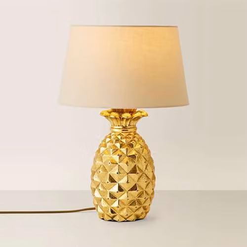 ValueLights Modern Pineapple Design Table Lamp in Gold/Brass with Beige Fabric Shade – 1