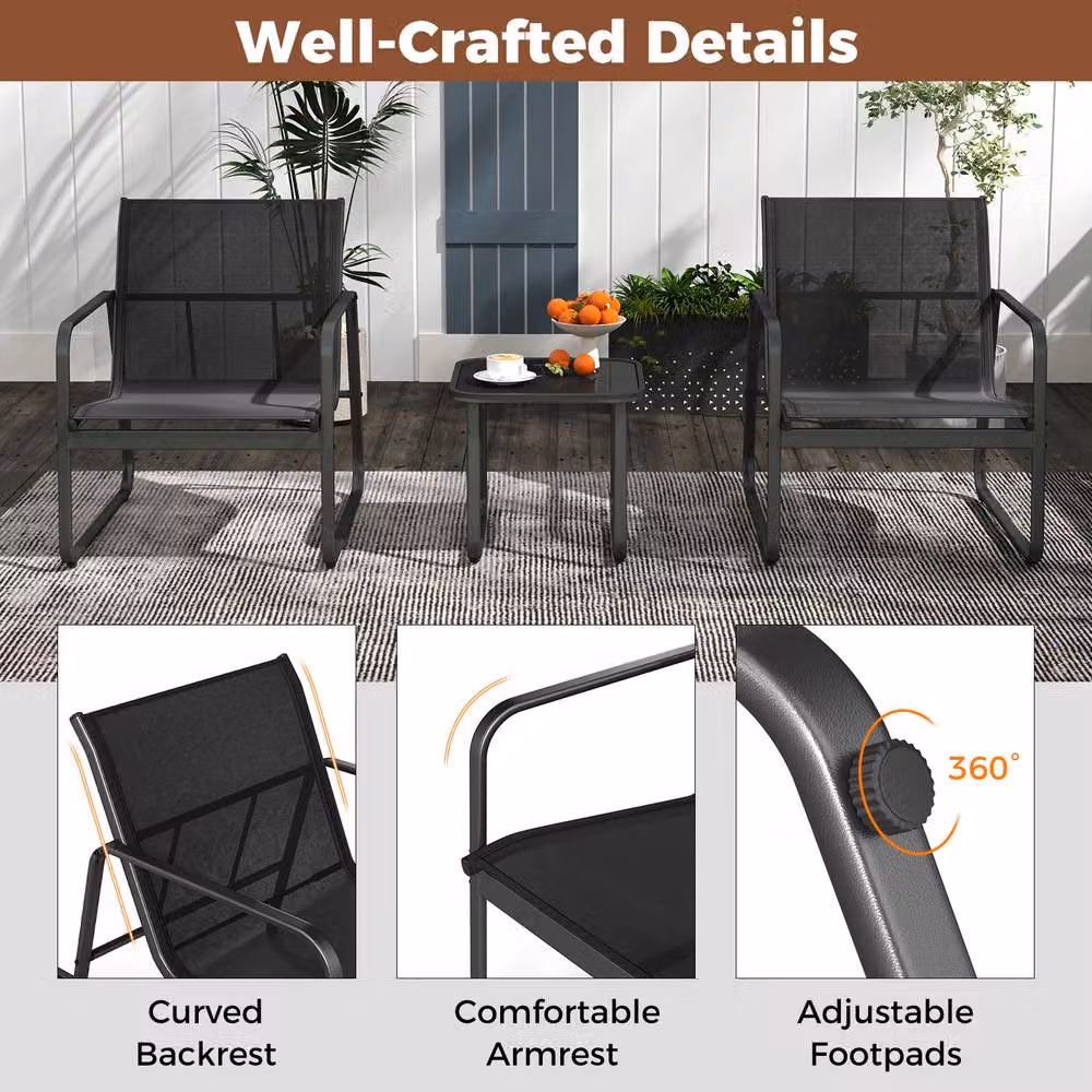 Costway 3 Piece Outdoor Bistro Patio Conversation Set with Tempered Glass Table in Black – 9
