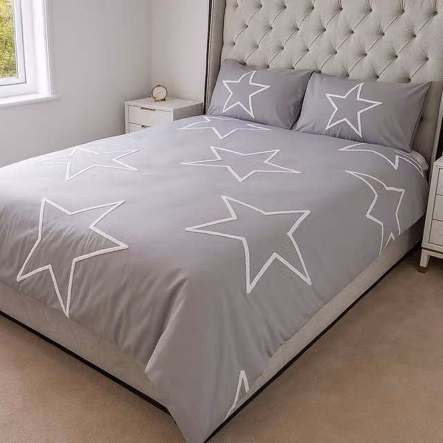 Voltico Grey Tufted Star Microfibre Duvet Set with Pillowcases – 1