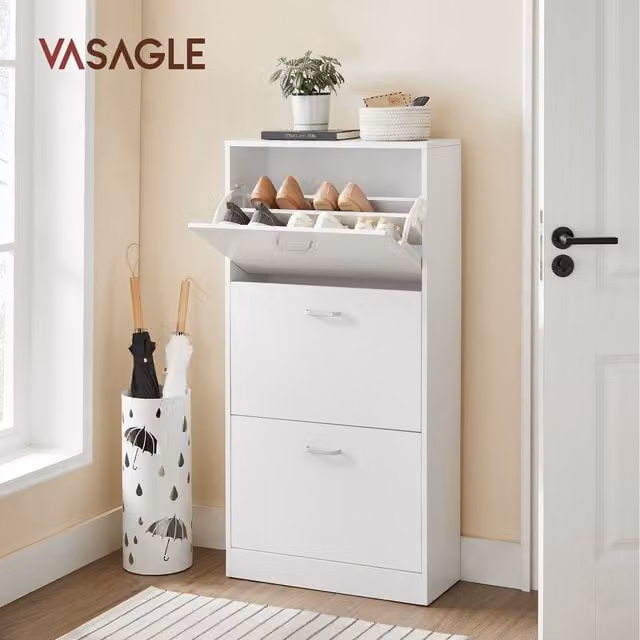 VASAGLE Modern 3-Tier White Shoe Cabinet with 3 Tilting Flip Doors