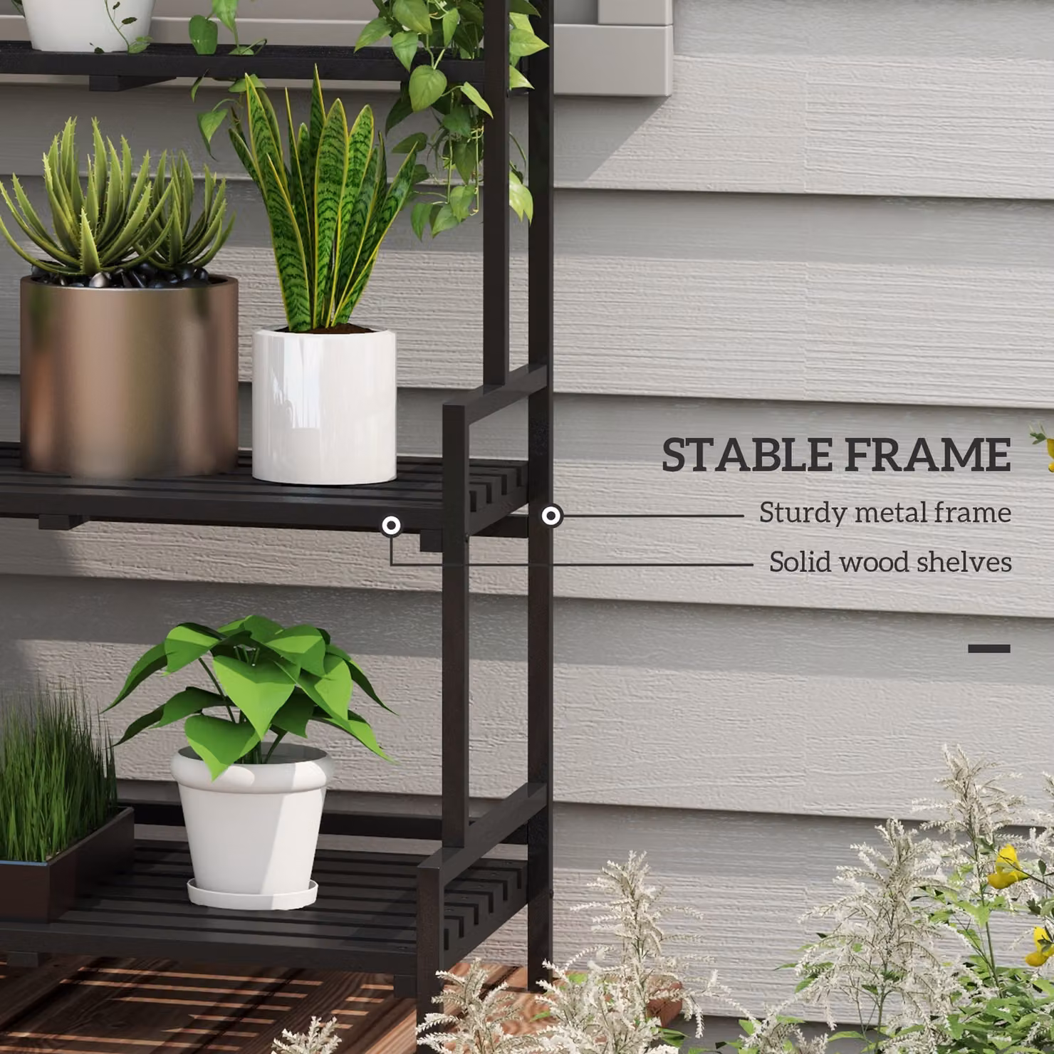 Outsunny 3 Tiered Plant Rack with Hanging Hooks in Black, H 170 x W 110 x D 30 cm – 6