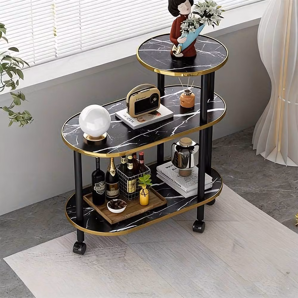 Ventryn Black 3-Tier Oval Marble Coffee Table with Castors – 3