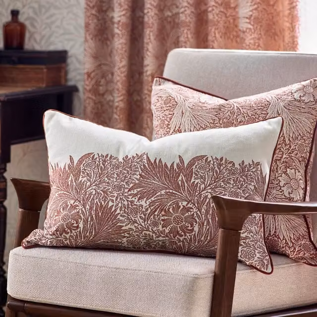 Morris & Co. Marigold Embroidered Velvet Filled Cushion, Red and Multicolour, W/D/H: 50 x 50 x 50 cm