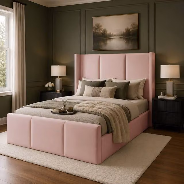 Desire Deco Luxury Grayson Wingback Upholstered Velvet Bed Frame in Pink, Size: 140 x 200 cm