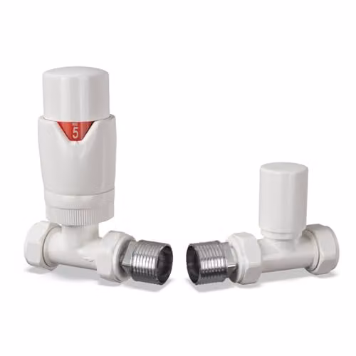 UK Radiators Stirling Bold White Modern Thermostatic Radiator Valve and Lockshield Set with 1/2 BSP 10mm Straight Connection