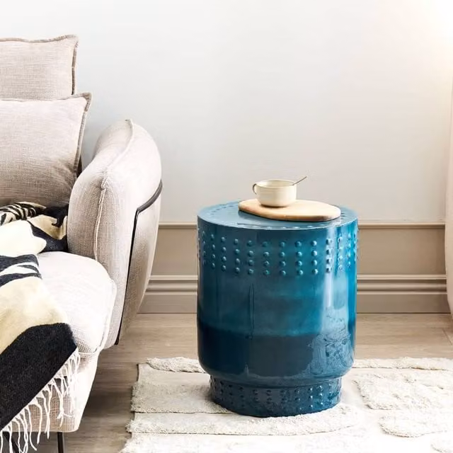 Wyld and Coco Blue Glossy Geometric Metal Round Side Table – 1