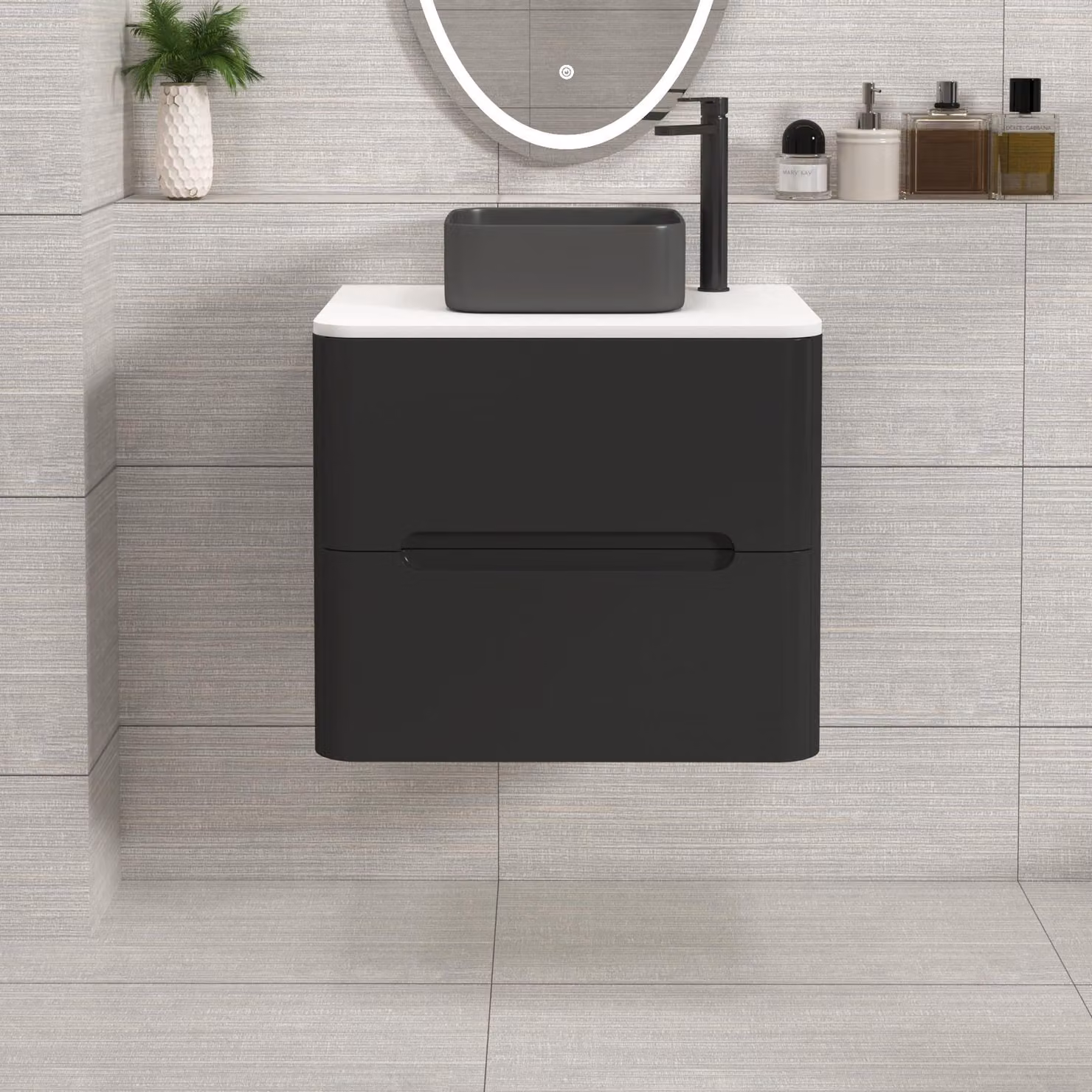 Royal Bathrooms Venice Matt Nocturne Black Wall Hung 2 Drawer Vanity Unit with Plain White Worktop and Art Square Basin, Width: 60 cm